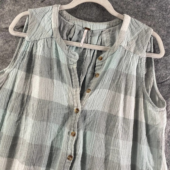 Free People Tank Top Medium Green Gray Plaid Sleeveless Button-Up Tunic - Picture 3 of 8